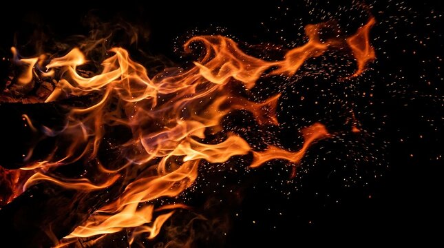 Bright orange flames and fire sparks burning with intense heat isolated against a deep solid black background