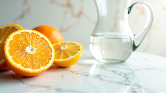 Citrus Slices on Marble Surface with Water Pitcher