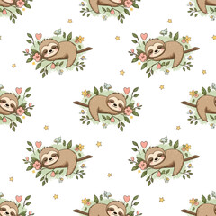 Obraz premium Cute Sloth Illustration Pattern