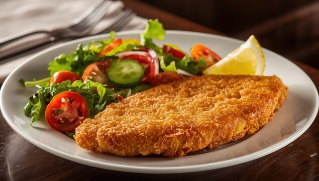 Traditional schnitzel from Germany or Austria with salad on a plate.