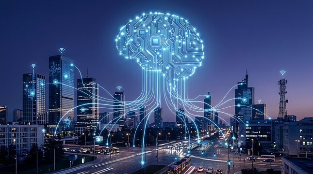 Digital brain icon made of light lines connected to a modern city skyline at night representing artificial intelligence