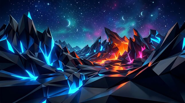 Abstract alien planet landscape with glowing lava rocks and blue crystal formations under a dark starry night sky