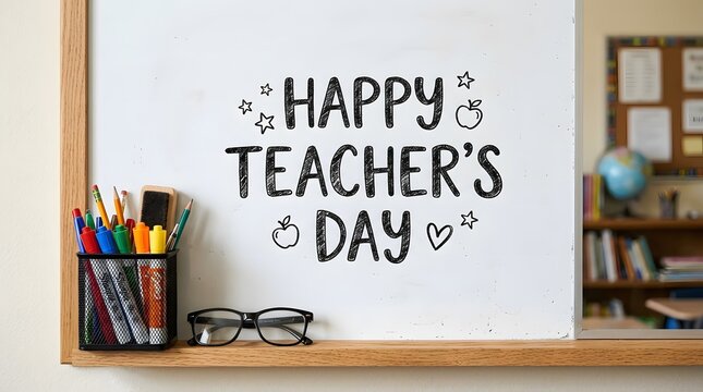 A white board with happy teacher day handwritten text sitting on a wooden desk with school supplies