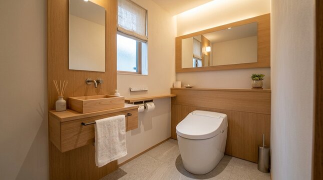 清潔感あふれる木目調のトイレと手洗いスペース
