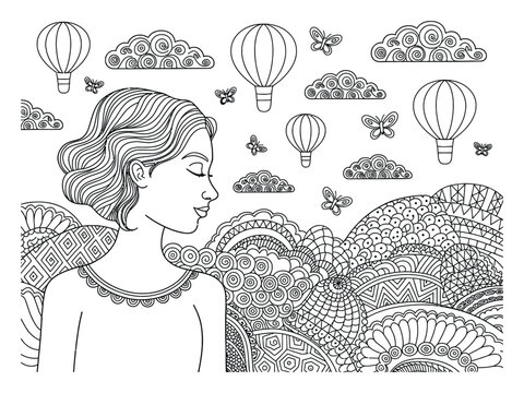 P&aacute;gina para colorear con una mujer, globos aerost&aacute;ticos y patrones abstractos