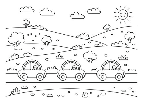 Dibujos animados de tres lindos autos conduciendo por un paisaje campestre soleado