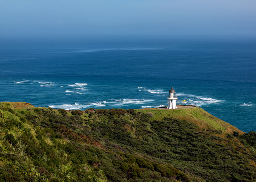 Cape Reinga Leuchtturm, Te Rerenga Wairua, Northland, Neuseeland, Cordyline australis, Phormium tenax, Kuestenlandschaft mit Ozean und Wegweiser