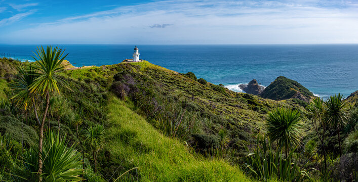 Cape Reinga Leuchtturm, Te Rerenga Wairua, Northland, Neuseeland, Cordyline australis, Phormium tenax, Kuestenlandschaft mit Ozean und Wegweiser