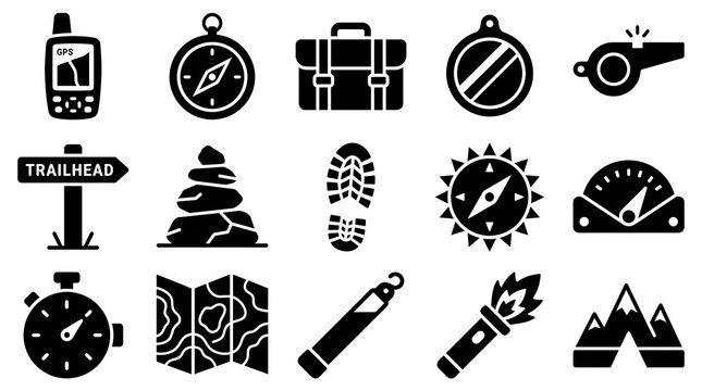 Wilderness Survival Hiking Trail Gear GPS Handheld Compass Trailhead and Flare Icons