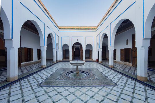 Courtyard in Bahia Palace, a 19th century building, tiled floors and a fountain.