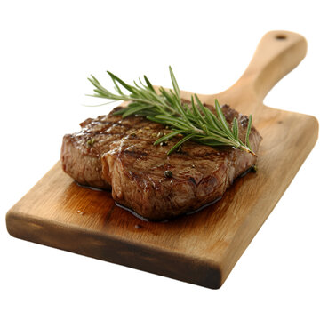 Grilled beef steak with rosemary on a wooden cutting board isolated on transparent background