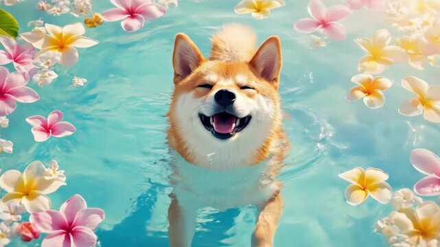 Happy brown and white dog floating in light blue water with eyes closed surrounded by floating blossom flower. Pet relaxation and summer concept.