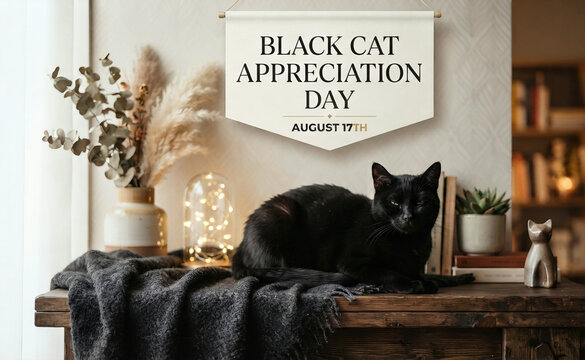Black Cat Appreciation Day August 17th Sign with Black Cat on Wooden Table