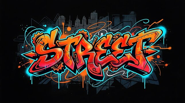 Colorful street graffiti word art with vibrant orange and red letters on a dark background for urban style design