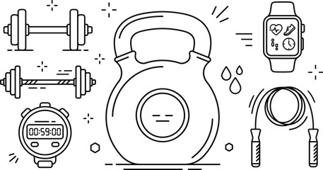 Fitness gym workout fitness line icons set featuring kettlebell dumbbell barbell smartwatch tracker stopwatch jump rope sweat drops © MD