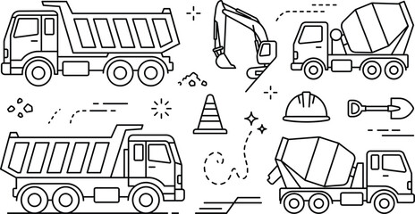Heavy construction machinery vehicle line icons set featuring dump truck cement mixer excavator safety helmet traffic cone shovel © MD