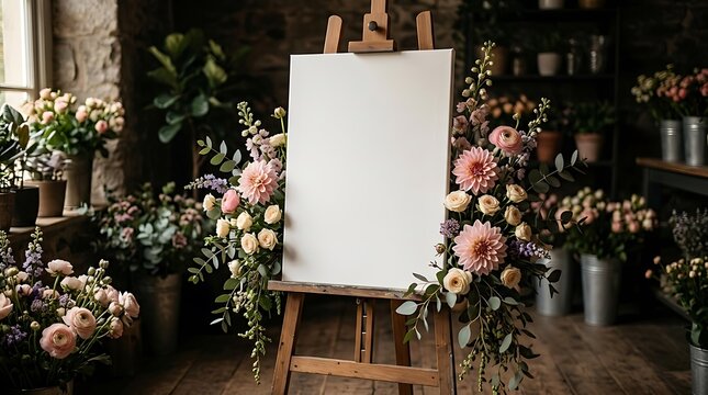 Empty white canvas on a wooden easel decorated with colorful flowers in a rustic flower shop interior for art display