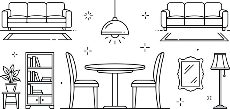 Home interior furniture line art icon set with sofa table chairs bookshelf lamp mirror and house plants vector