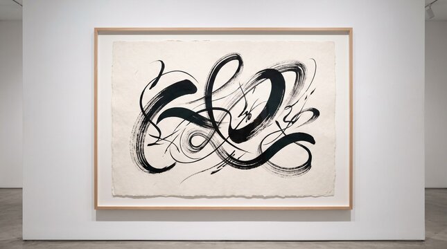 Abstract ink brush painting in wooden frame on white gallery wall