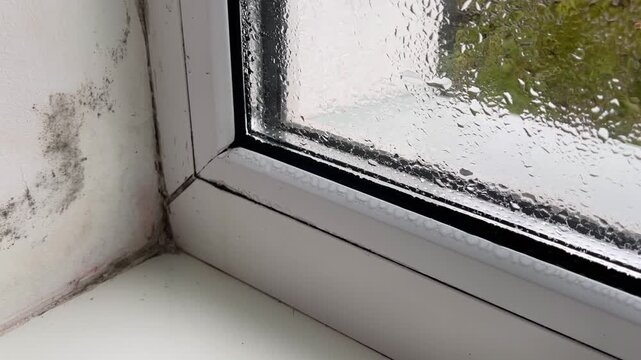 Black mold growing on window frame with condensation caused by indoor humidity. 4k