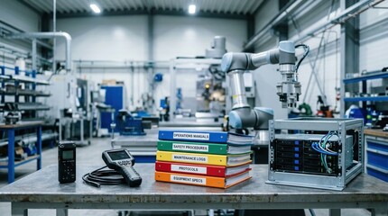 Fototapeta premium Industrial knowledge preservation concept with robotic arm, archived server rack, color tabbed binders, voice recorder, and inspection camera in a workshop.