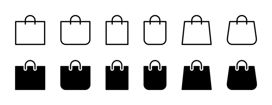 Shopping bags vector linear and silhouette icons set. Paper market bag symbols. Isolated icon collection of bags on white background.