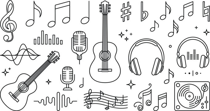 Music audio sound equipment line art icon set with guitar microphone headphones turntable notes clef and waves vector