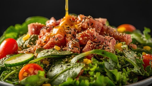 Tuna salad in a bowl, shot against a dark backdrop.