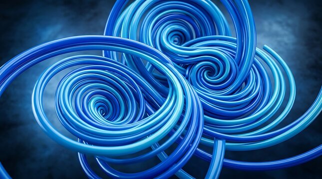 Abstract blue spiral lines creating a dynamic 3D shape with flowing curves and glowing light effects in dark space