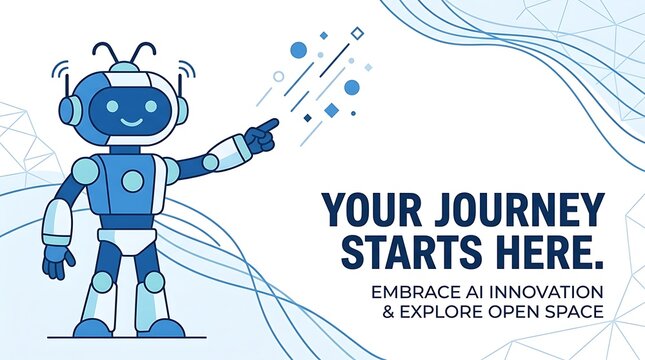 Clean geometric flat vector illustration, powerful writing, and a friendly AI robot heading toward an open area
