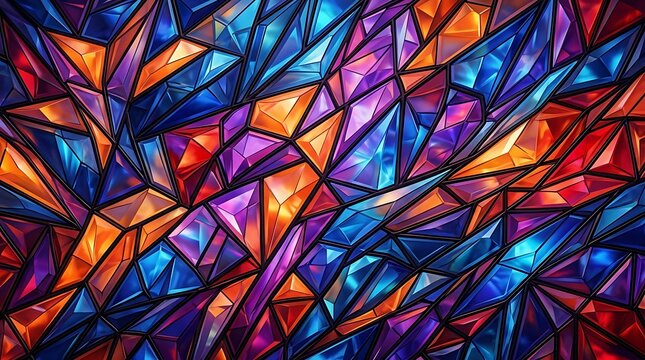 Abstract colorful stained glass pattern with geometric shapes and vibrant light reflections for creative background design