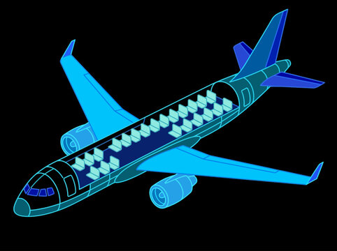 Futuristic Blue Wireframe Airplane Cutaway Showing Passenger Cabin Interior