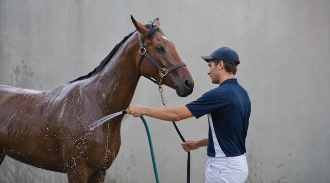 Groom Washing Bay Horse with Water Hose at Stable