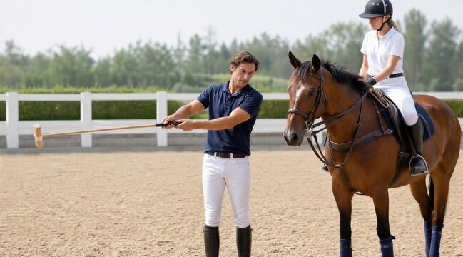Polo Instructor Teaching Woman on Horseback at Riding Arena