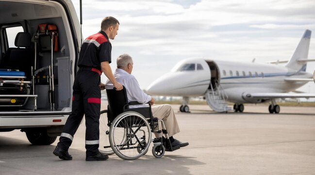 Paramedic Assisting Elderly Man in Wheelchair on Airport Tarmac