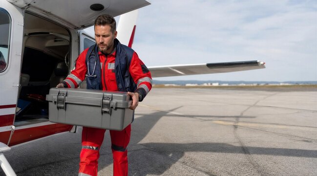 Paramedic Unloading Medical Equipment from Air Ambulance