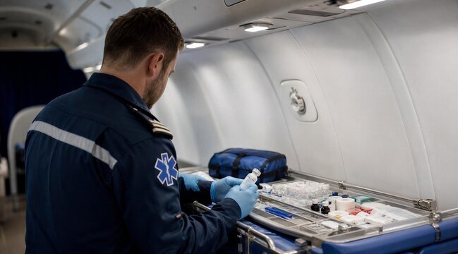 Paramedic Checking Medical Supplies on Air Ambulance