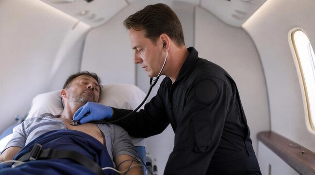 Doctor Examining Patient with Stethoscope on Medical Flight