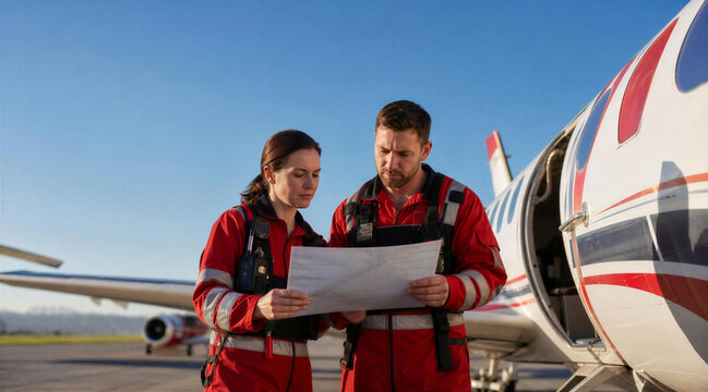 Air ambulance crew checking flight plan beside medical jet
