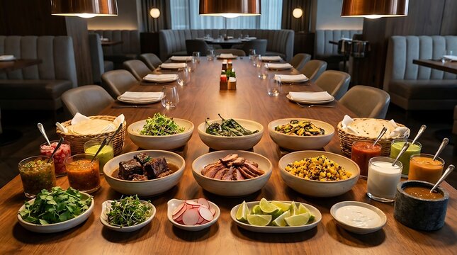 Large wooden dining table set with many bowls of fresh food and appetizers for a buffet dinner party in a modern restaurant setting with warm ambient lighting and comfortable chairs for guests. taco b
