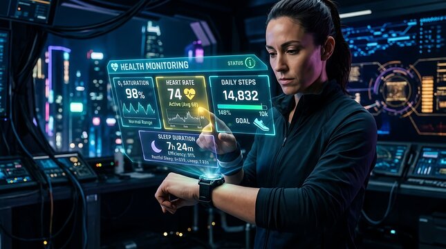 Woman checking her health data on a smart watch with a glowing digital interface in a futuristic dark room setting