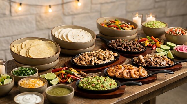 Large table full of delicious mexican food feast with fajitas steak shrimp guacamole tortillas and various toppings for a festive dinner party celebration with friends and family at home. taco bar set