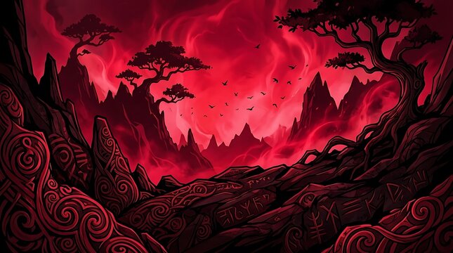 Dark red fantasy landscape with jagged mountains and silhouettes of ancient trees under a glowing volcanic sky