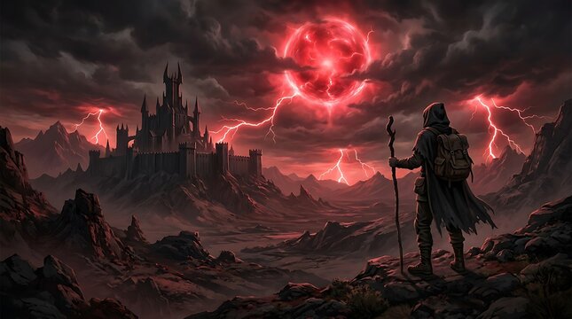 A fantasy wizard standing on a dark mountain looking at a ruined castle during a scary red storm with lightning