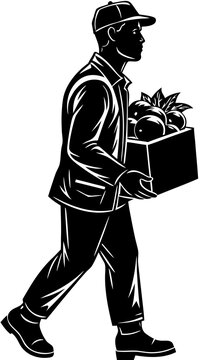 Delivery Courier Man Walking with Grocery Box of Fresh Food Black Silhouette Vector Icon Isolated on White Background