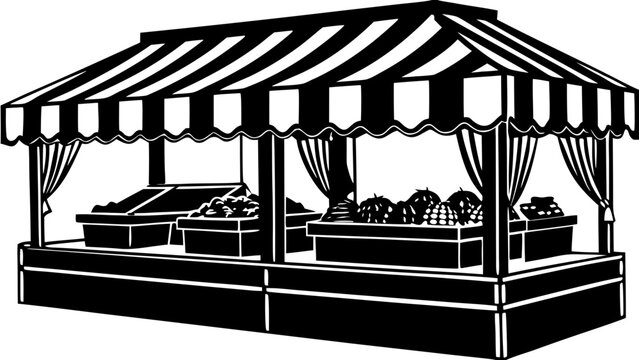 Outdoor Farmers Market Fruit and Flower Stalls with Customer Black Silhouette Vector Icon Isolated on White Background