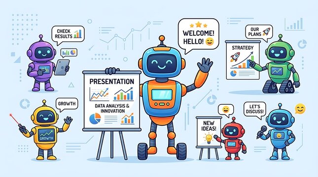 vector set of robot presentation characters and joyful expressions for robots showcasing collection designs. Vector representation