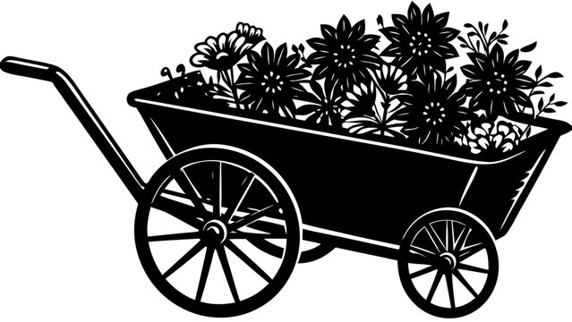 Vintage Wooden Garden Wheelbarrow Loaded with Blooming Flowers Black Silhouette Vector Icon Isolated on White Background