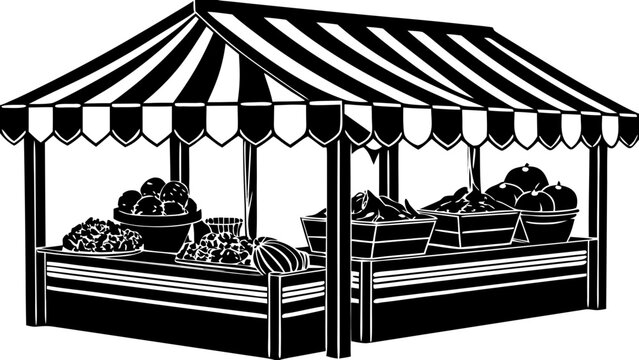 Outdoor Farmers Market Fruit and Flower Stalls with Customer Black Silhouette Vector Icon Isolated on White Background