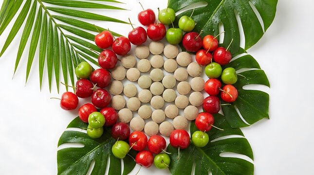 Fresh red and green acerola cherries with round mint chocolate candies arranged on big green tropical monstera and palm leaves. organic acerola tablets